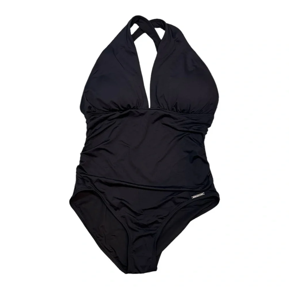 Michael Kors High Neck Shirred One-Piece Swimsuit in Black NWT